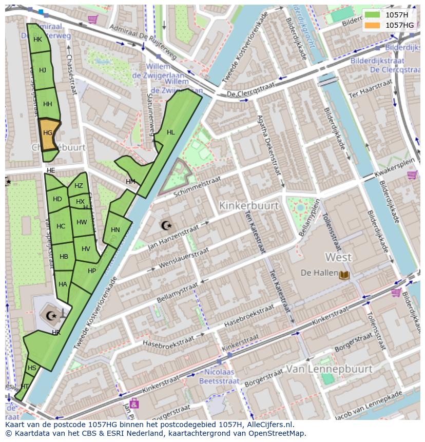 Afbeelding van het postcodegebied 1057 HG op de kaart.