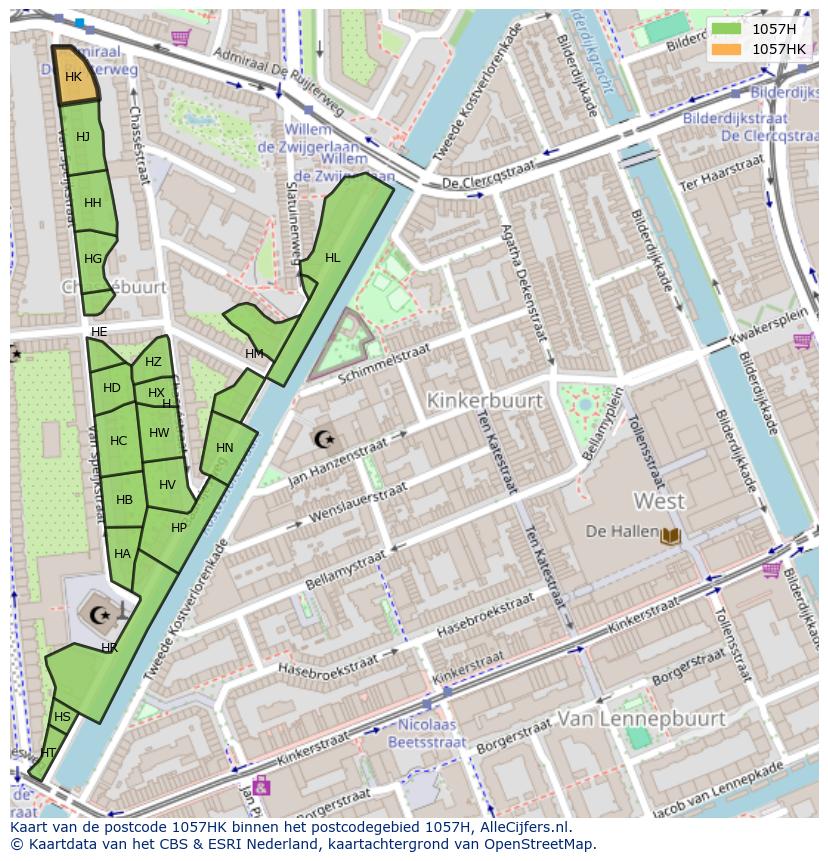 Afbeelding van het postcodegebied 1057 HK op de kaart.