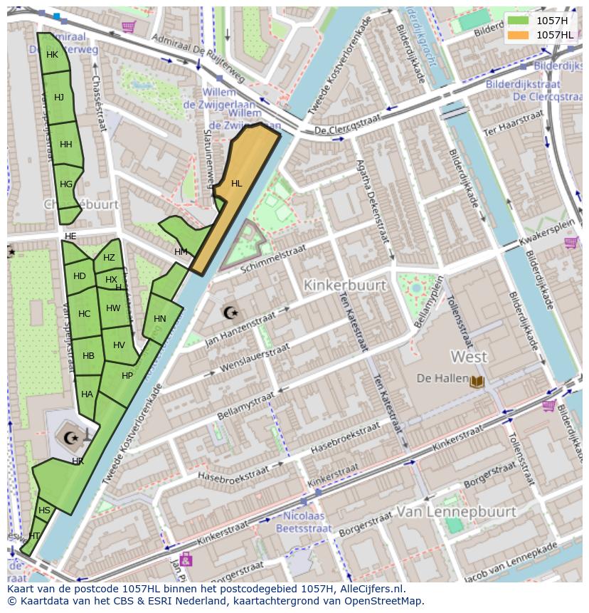 Afbeelding van het postcodegebied 1057 HL op de kaart.
