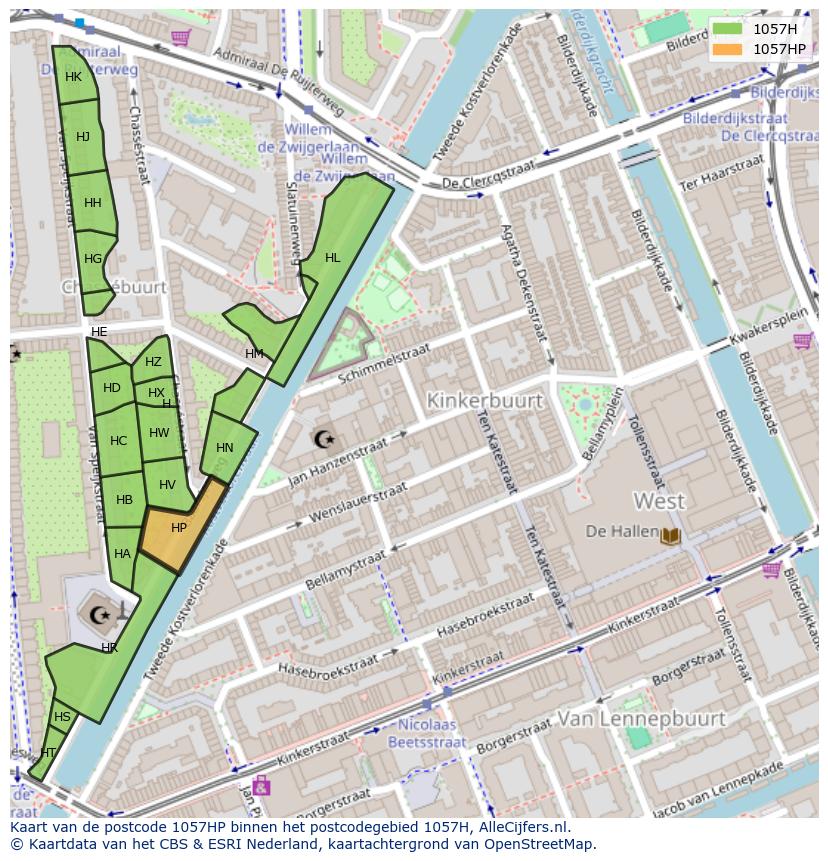 Afbeelding van het postcodegebied 1057 HP op de kaart.