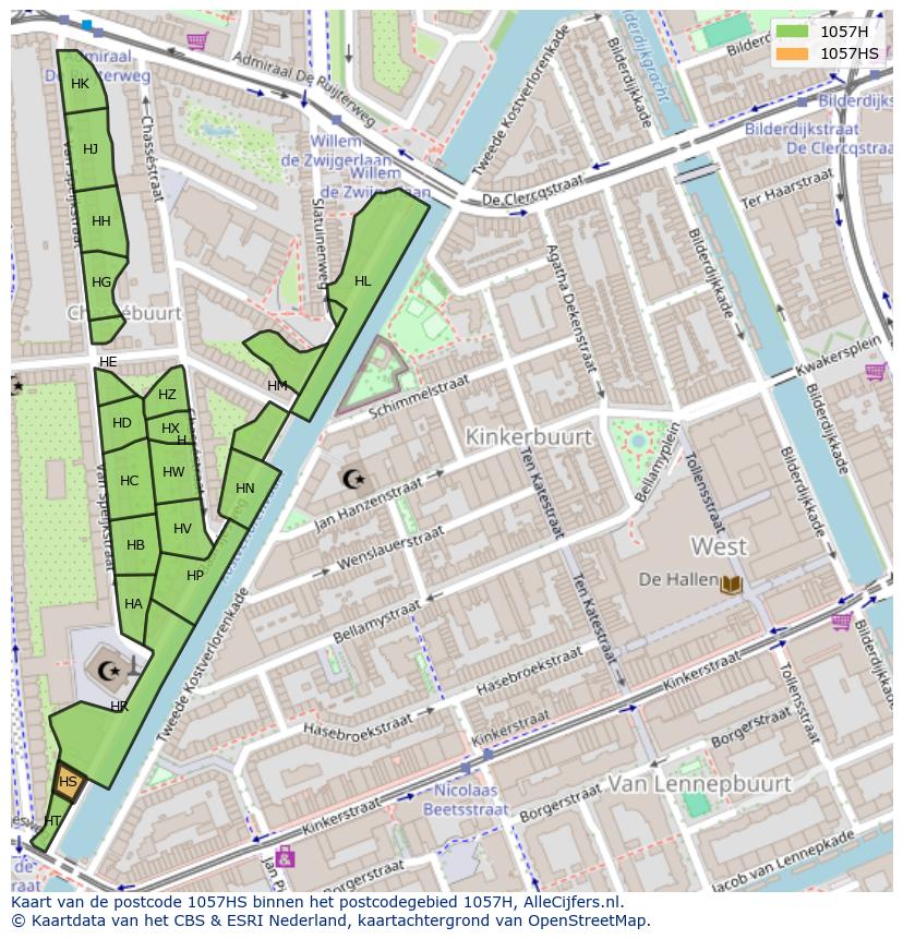 Afbeelding van het postcodegebied 1057 HS op de kaart.