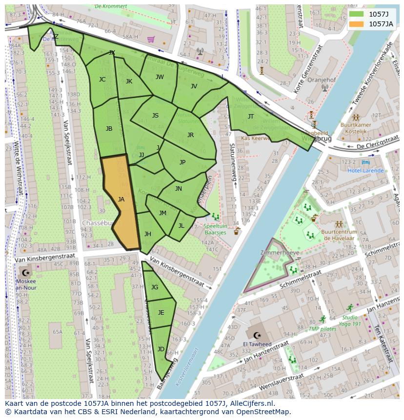 Afbeelding van het postcodegebied 1057 JA op de kaart.