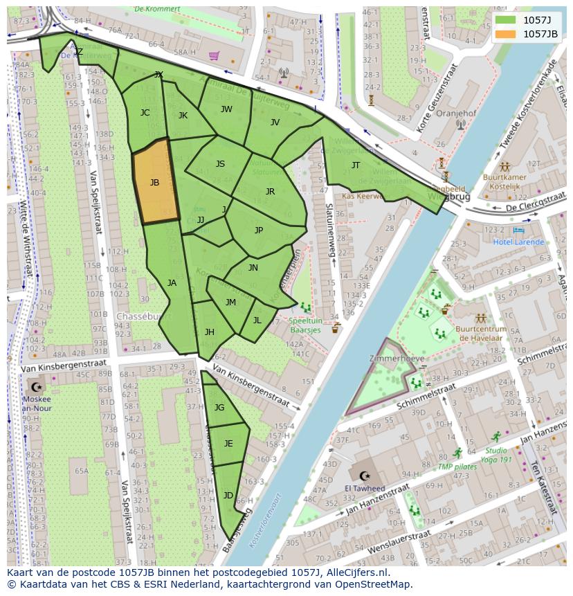 Afbeelding van het postcodegebied 1057 JB op de kaart.