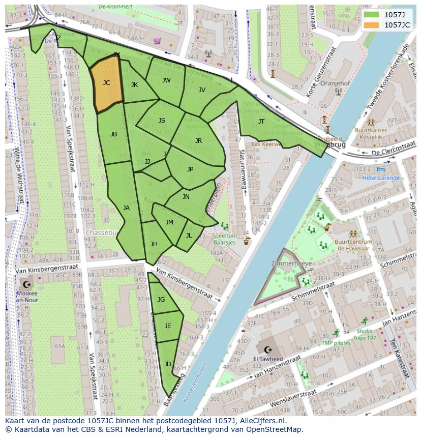 Afbeelding van het postcodegebied 1057 JC op de kaart.