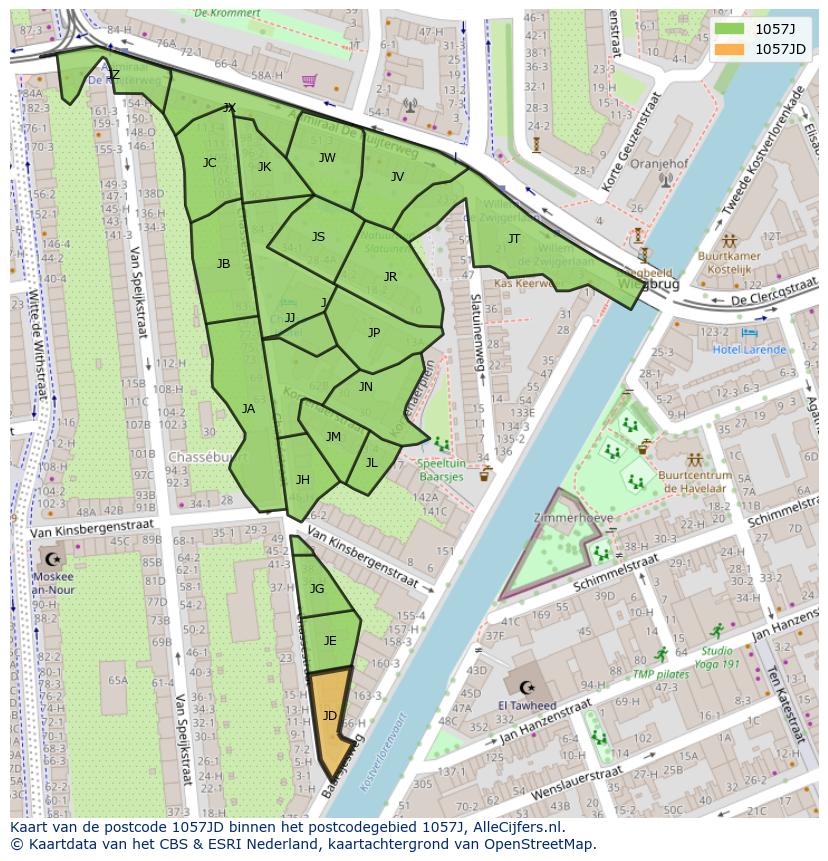 Afbeelding van het postcodegebied 1057 JD op de kaart.