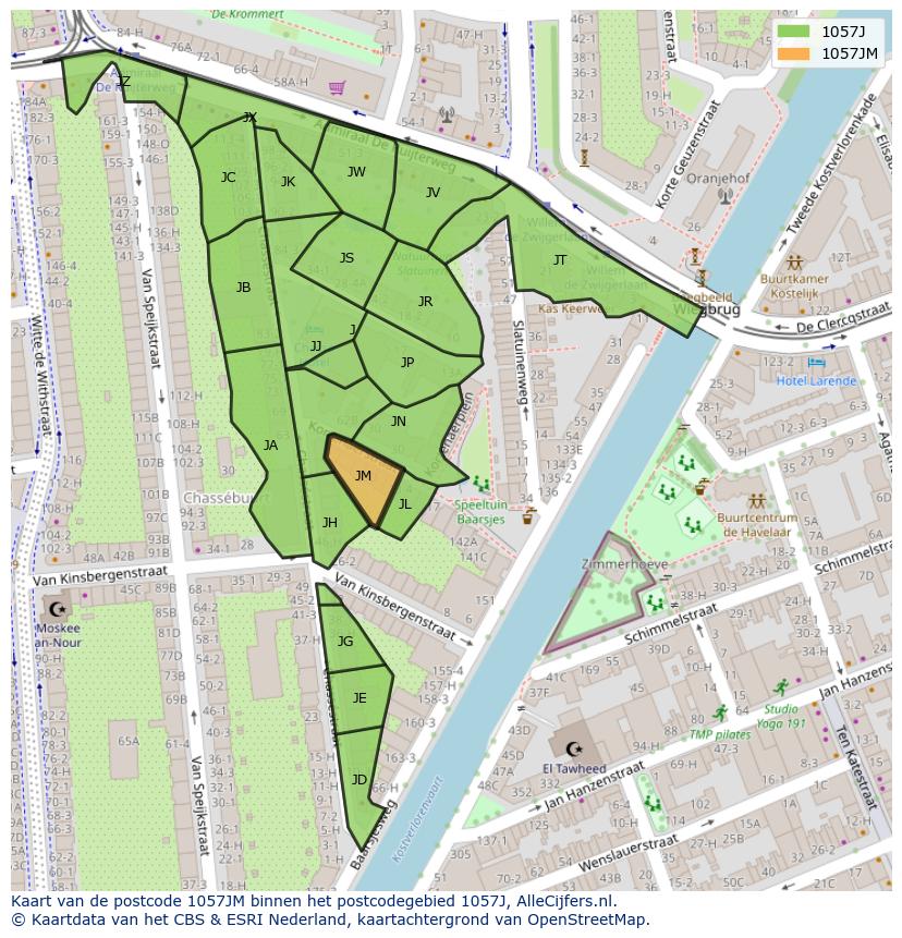 Afbeelding van het postcodegebied 1057 JM op de kaart.
