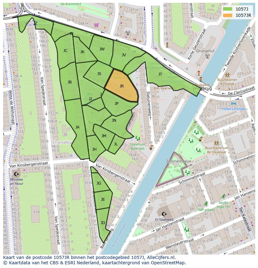 Afbeelding van het postcodegebied 1057 JR op de kaart.
