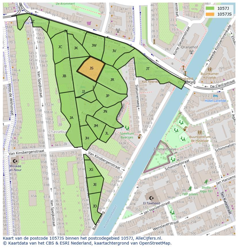 Afbeelding van het postcodegebied 1057 JS op de kaart.