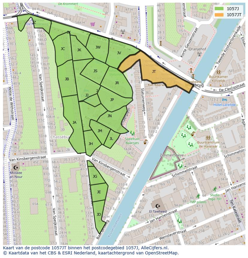 Afbeelding van het postcodegebied 1057 JT op de kaart.