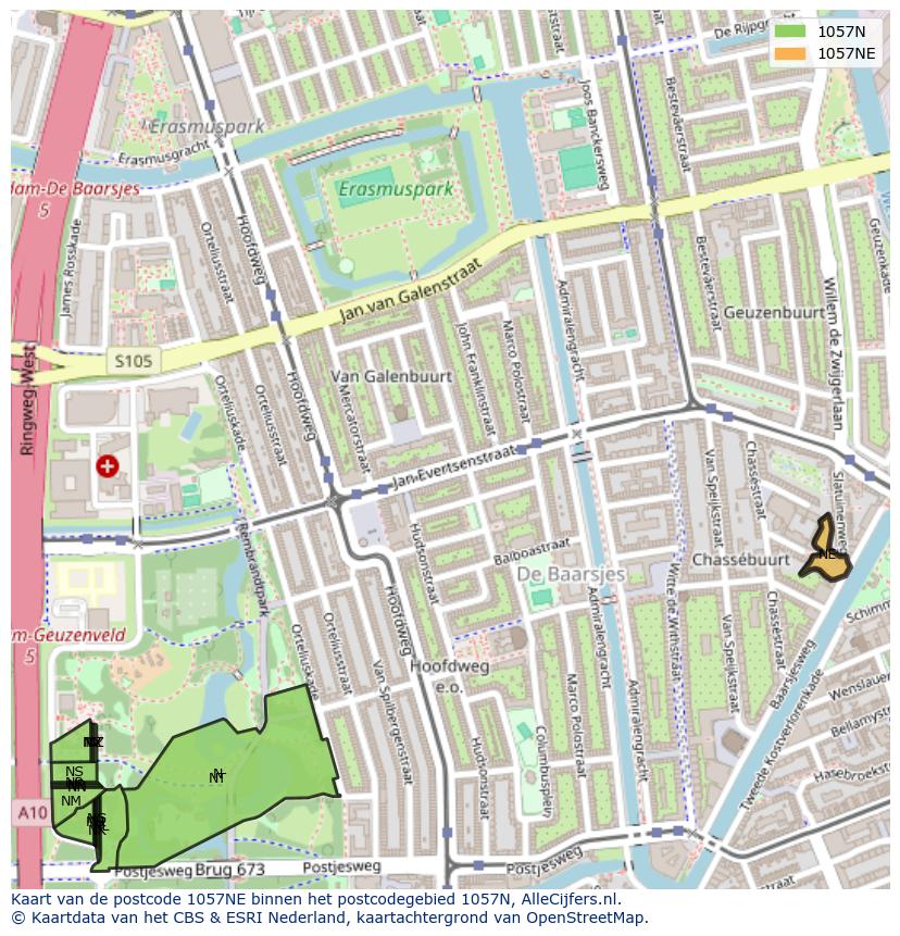 Afbeelding van het postcodegebied 1057 NE op de kaart.