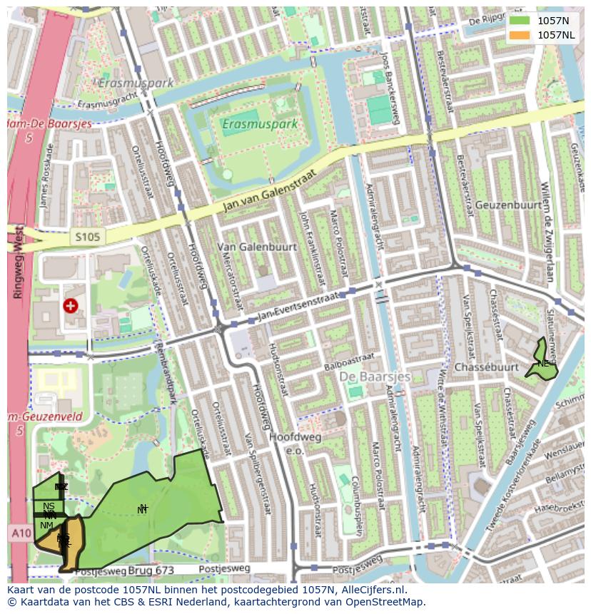 Afbeelding van het postcodegebied 1057 NL op de kaart.