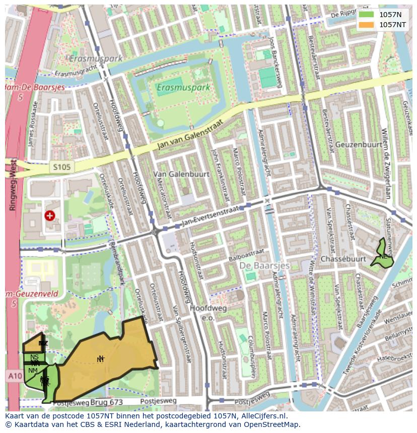 Afbeelding van het postcodegebied 1057 NT op de kaart.