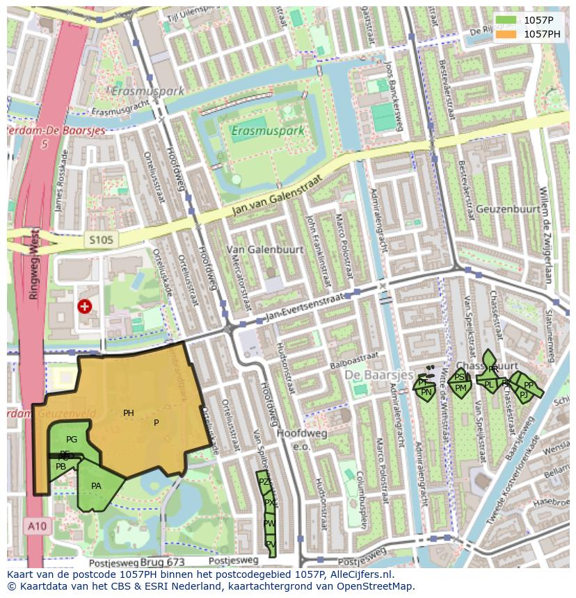 Afbeelding van het postcodegebied 1057 PH op de kaart.