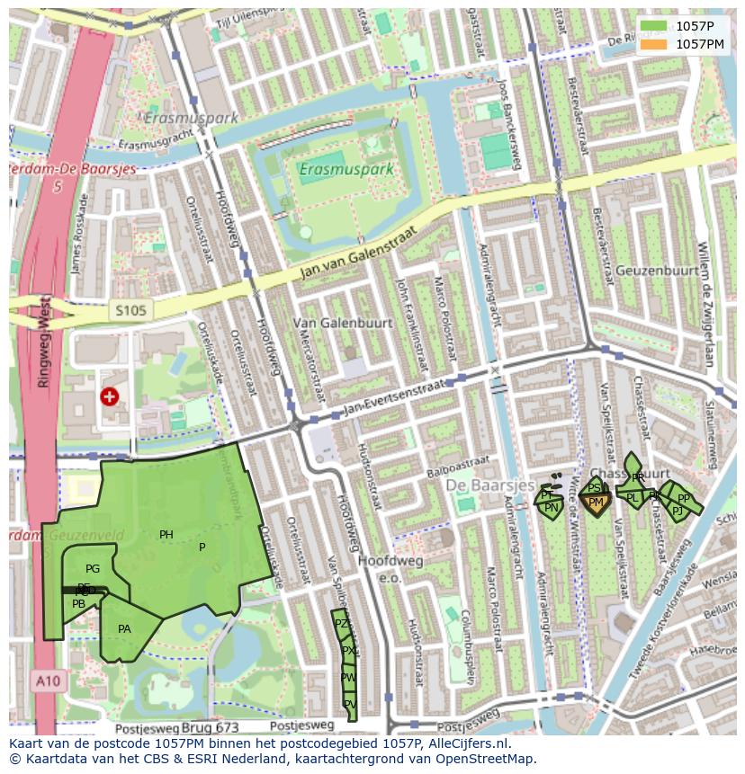 Afbeelding van het postcodegebied 1057 PM op de kaart.