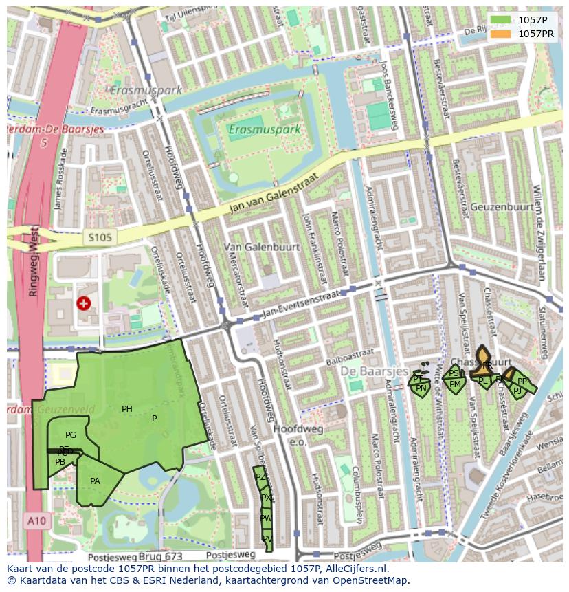 Afbeelding van het postcodegebied 1057 PR op de kaart.