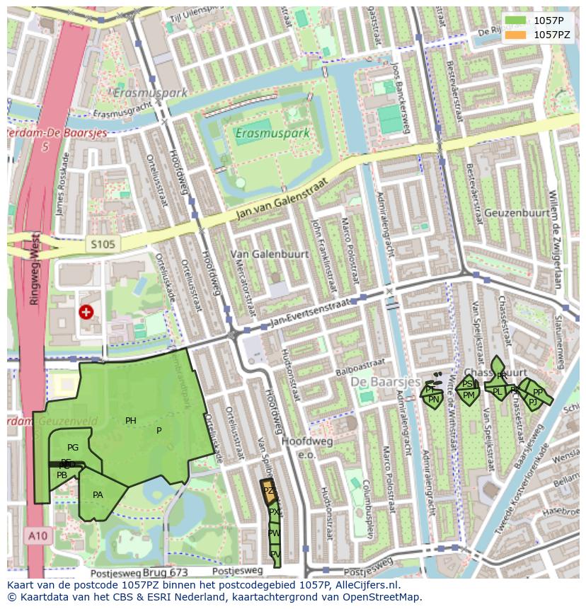 Afbeelding van het postcodegebied 1057 PZ op de kaart.