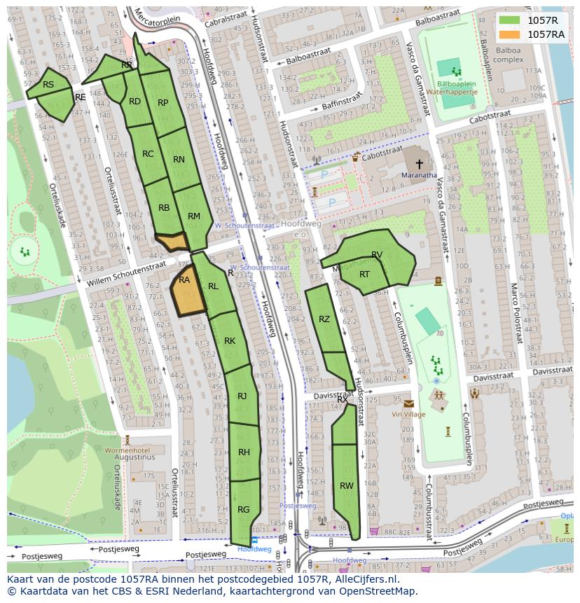 Afbeelding van het postcodegebied 1057 RA op de kaart.