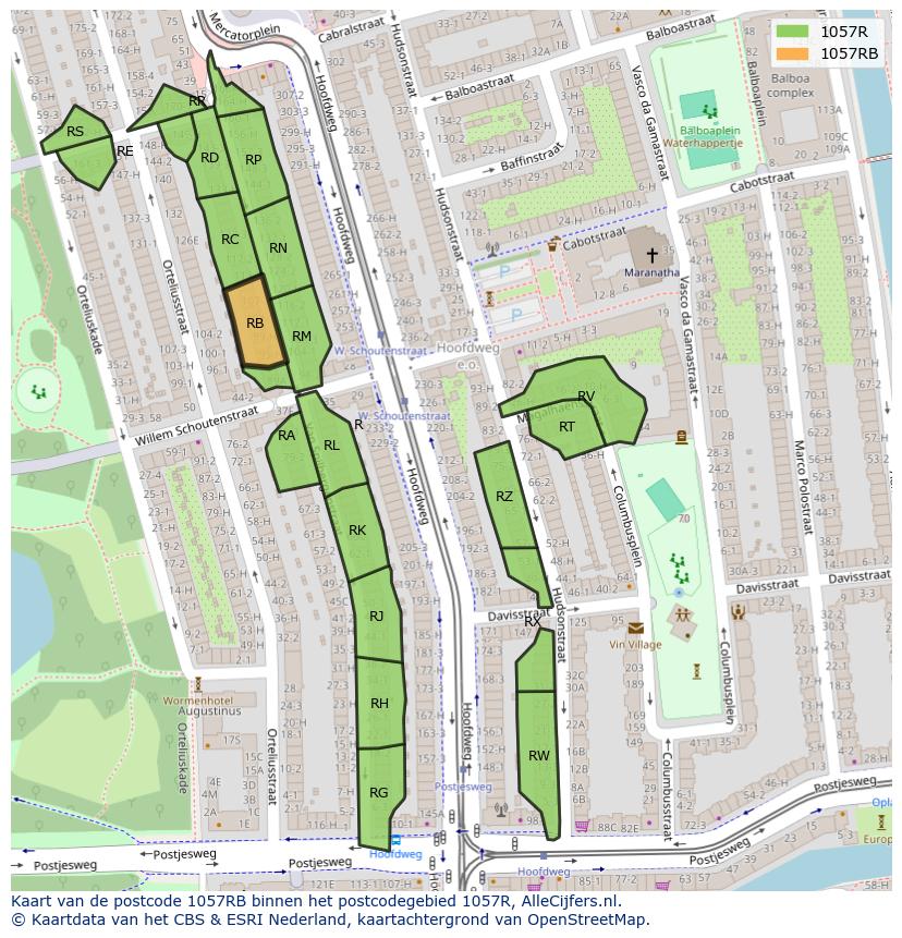 Afbeelding van het postcodegebied 1057 RB op de kaart.