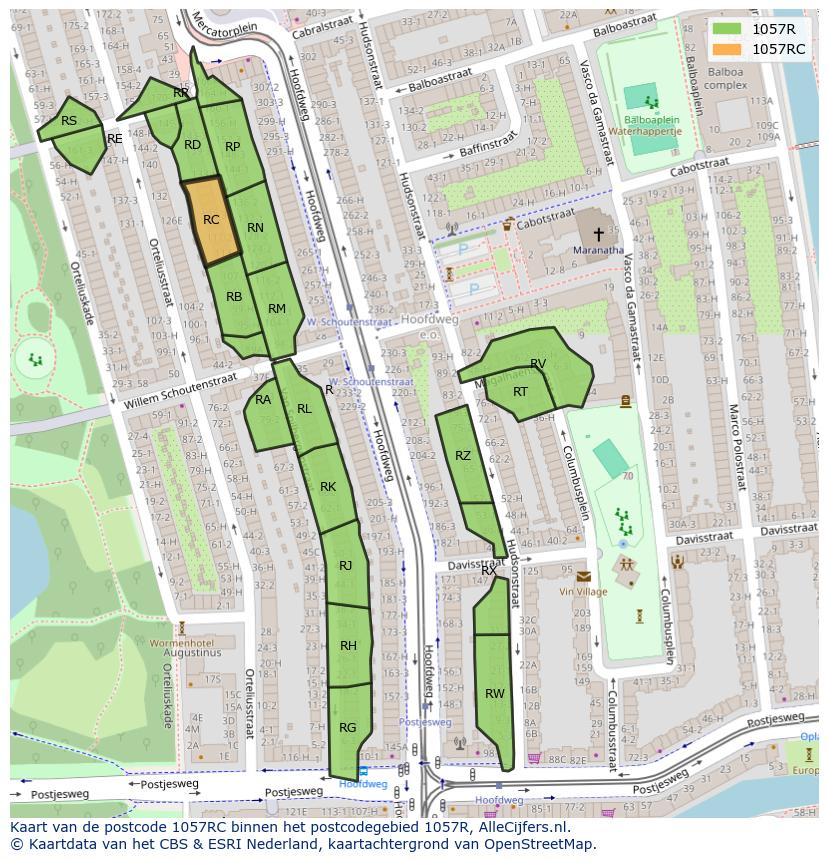 Afbeelding van het postcodegebied 1057 RC op de kaart.