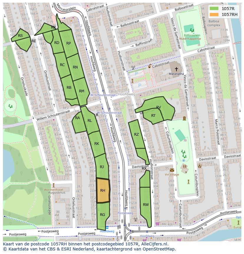 Afbeelding van het postcodegebied 1057 RH op de kaart.