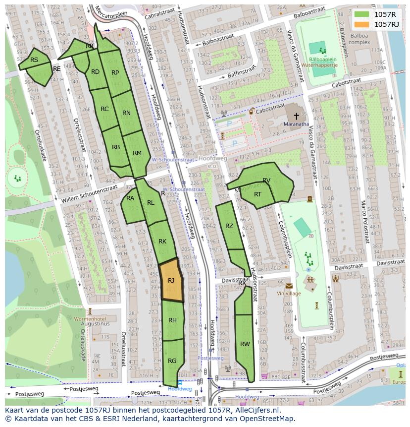 Afbeelding van het postcodegebied 1057 RJ op de kaart.