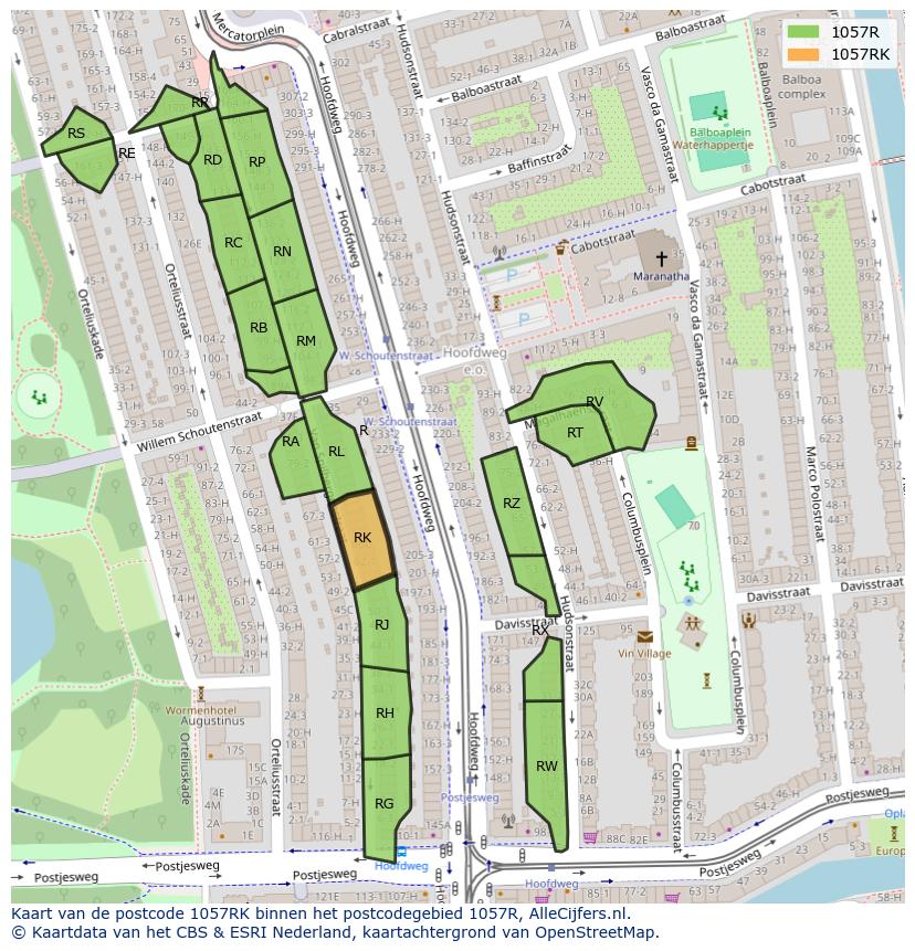 Afbeelding van het postcodegebied 1057 RK op de kaart.