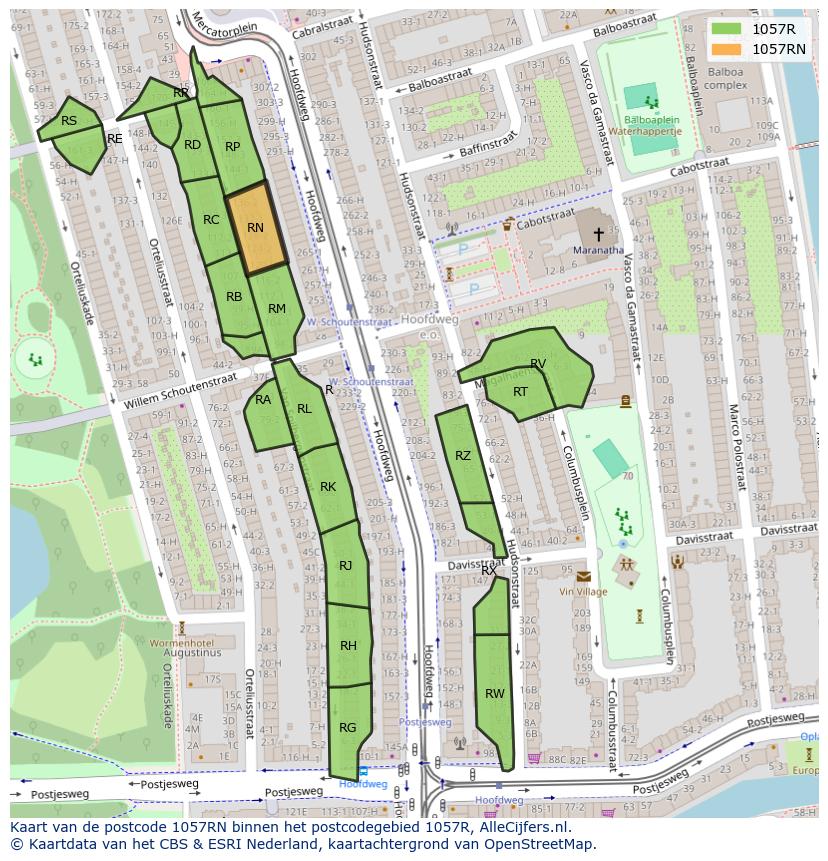 Afbeelding van het postcodegebied 1057 RN op de kaart.