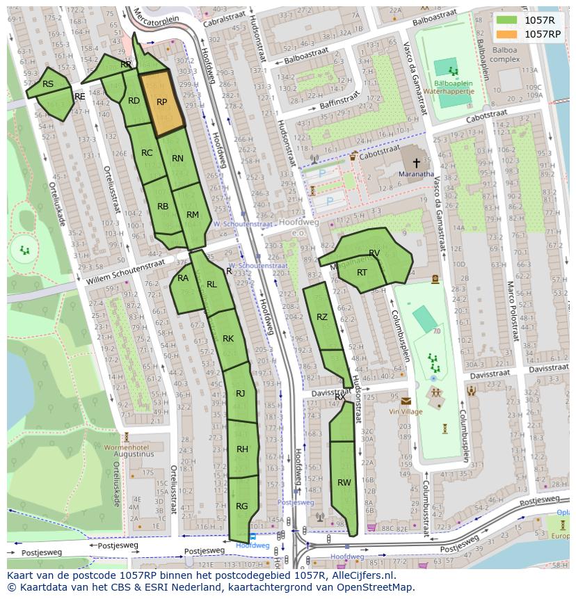 Afbeelding van het postcodegebied 1057 RP op de kaart.