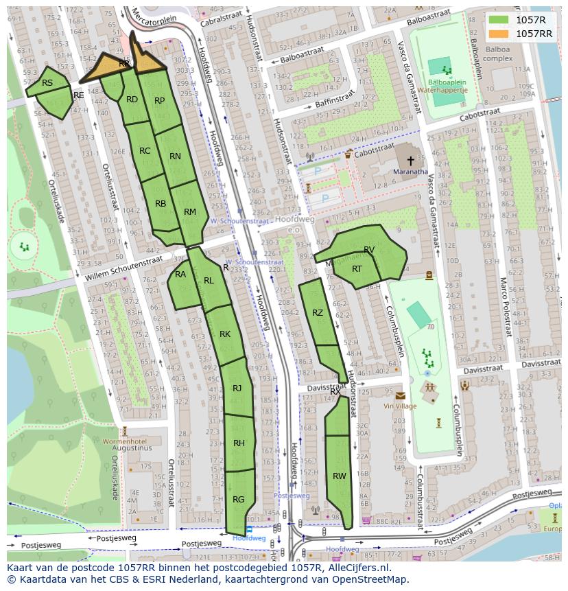 Afbeelding van het postcodegebied 1057 RR op de kaart.