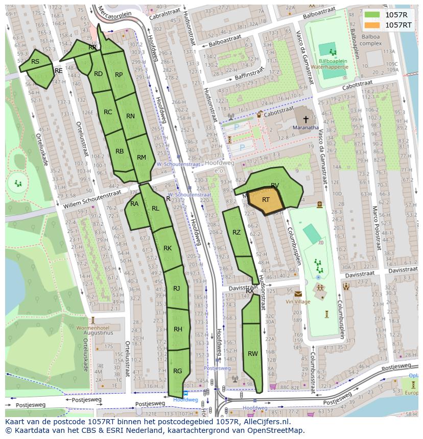Afbeelding van het postcodegebied 1057 RT op de kaart.