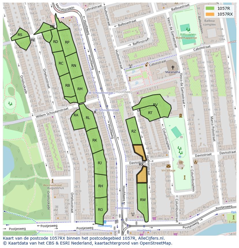 Afbeelding van het postcodegebied 1057 RX op de kaart.