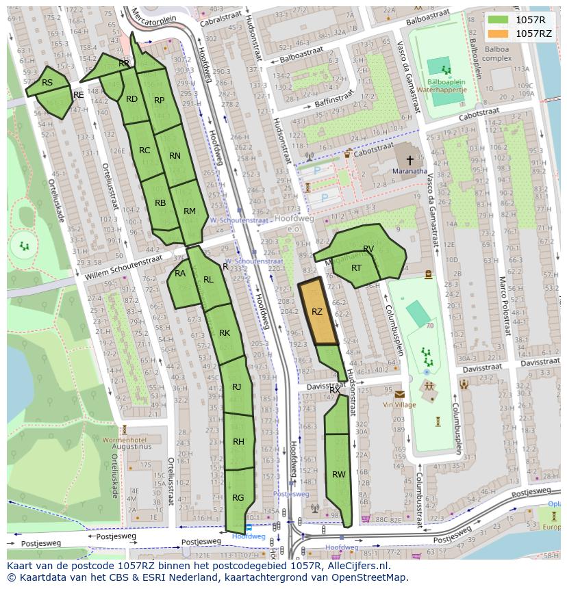 Afbeelding van het postcodegebied 1057 RZ op de kaart.