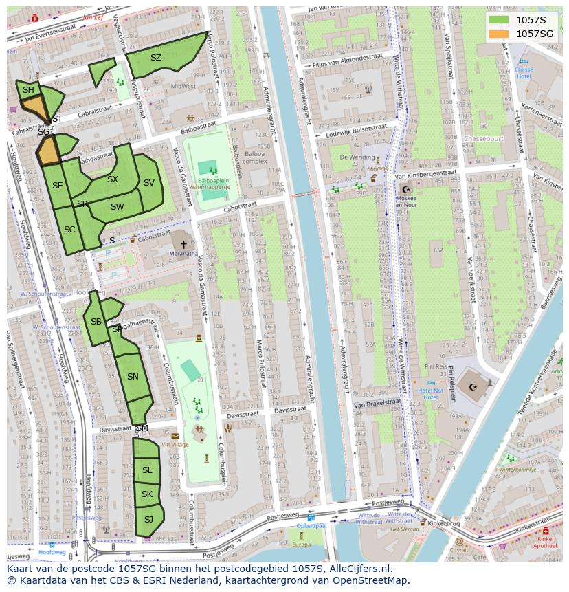 Afbeelding van het postcodegebied 1057 SG op de kaart.