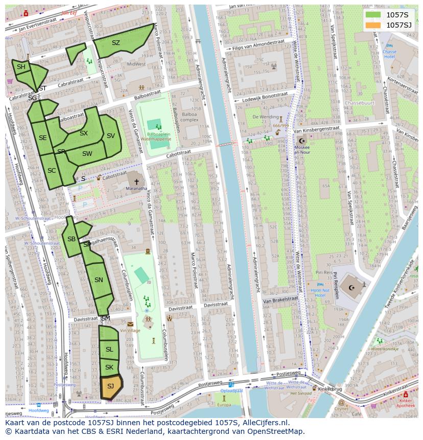 Afbeelding van het postcodegebied 1057 SJ op de kaart.