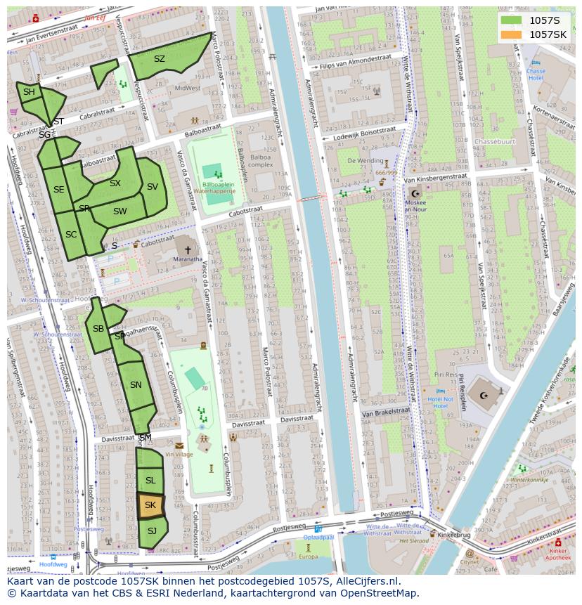 Afbeelding van het postcodegebied 1057 SK op de kaart.