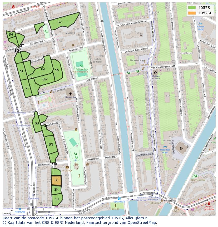 Afbeelding van het postcodegebied 1057 SL op de kaart.
