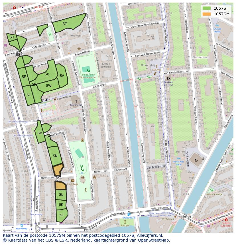 Afbeelding van het postcodegebied 1057 SM op de kaart.