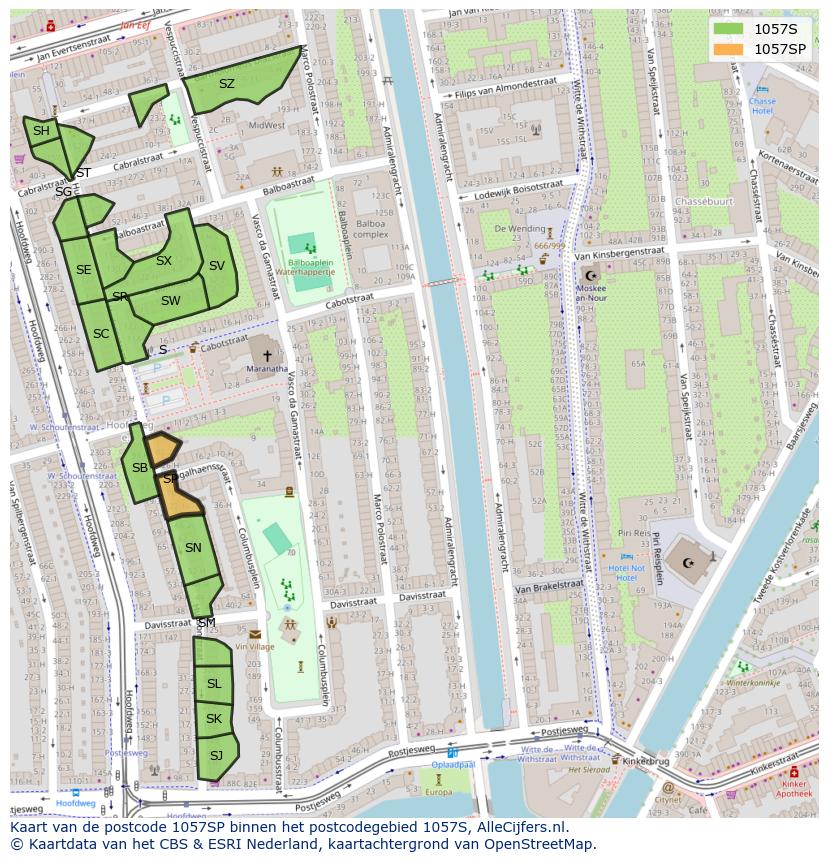 Afbeelding van het postcodegebied 1057 SP op de kaart.