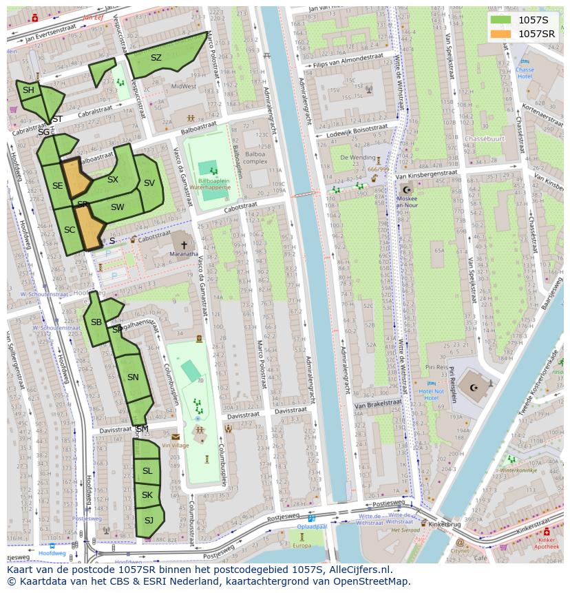 Afbeelding van het postcodegebied 1057 SR op de kaart.