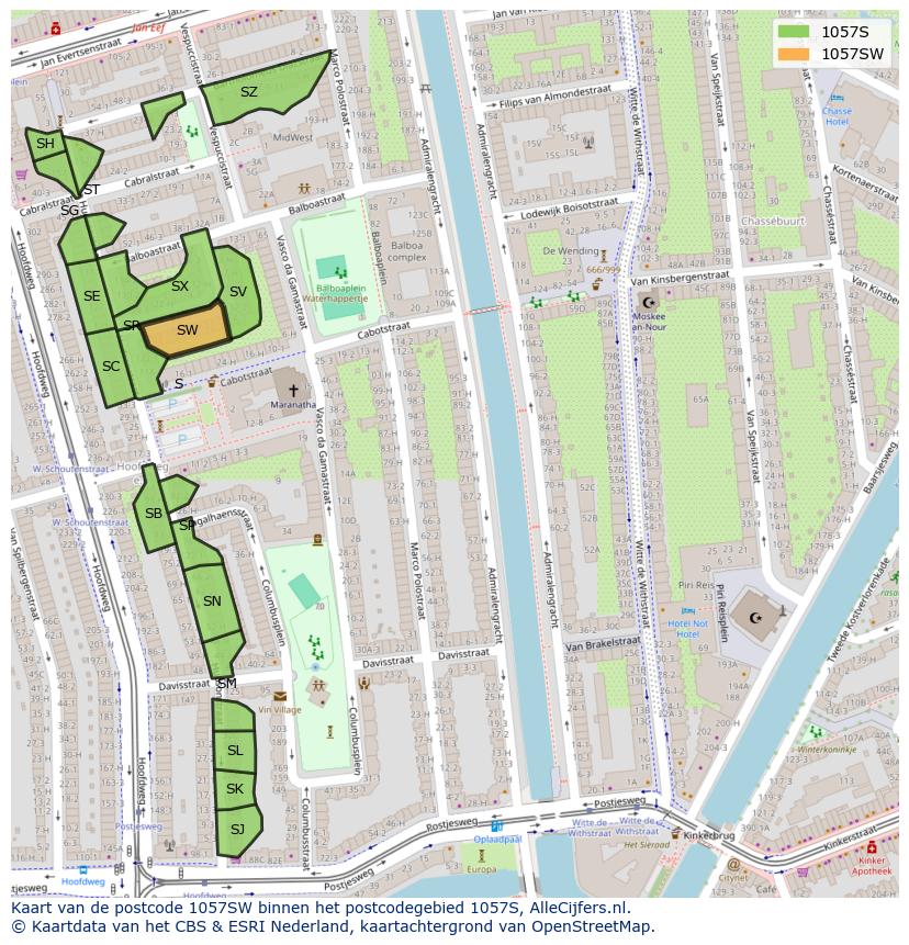 Afbeelding van het postcodegebied 1057 SW op de kaart.