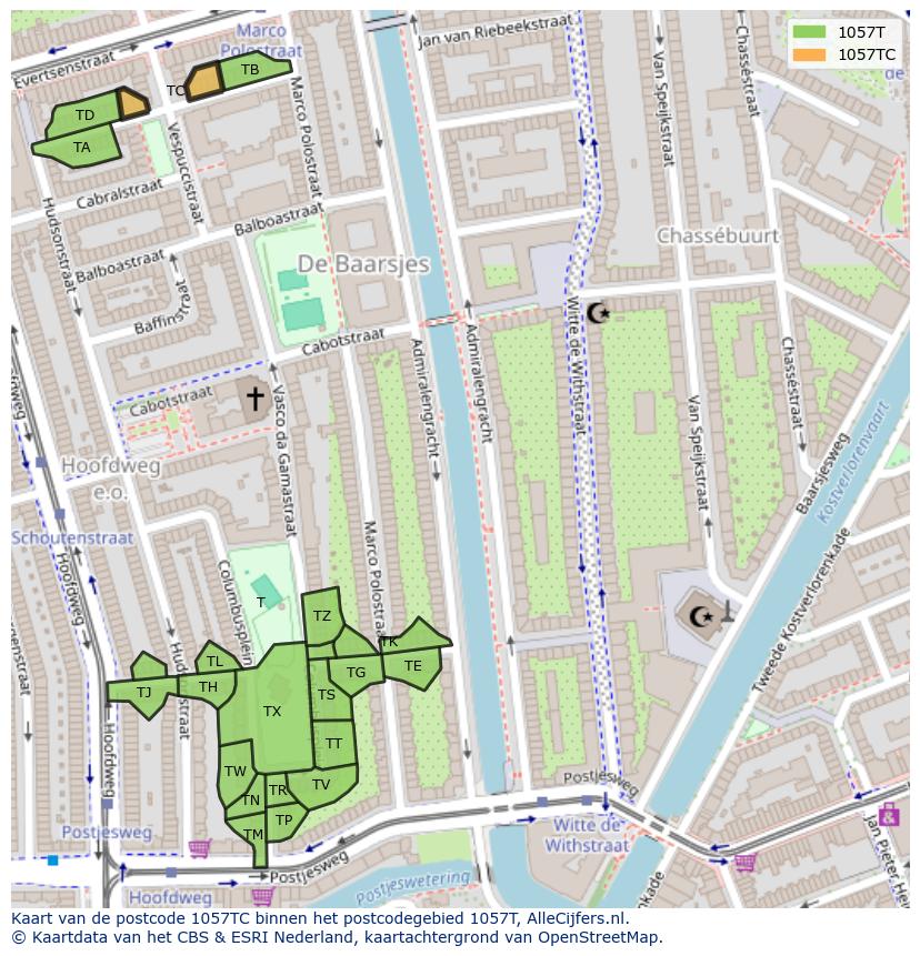 Afbeelding van het postcodegebied 1057 TC op de kaart.