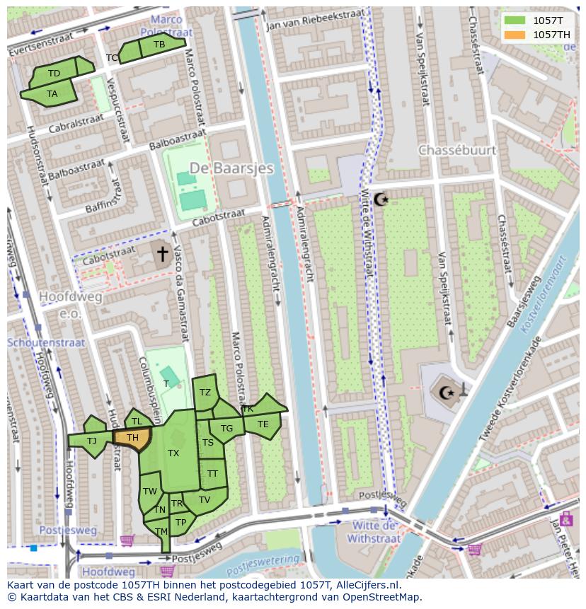 Afbeelding van het postcodegebied 1057 TH op de kaart.