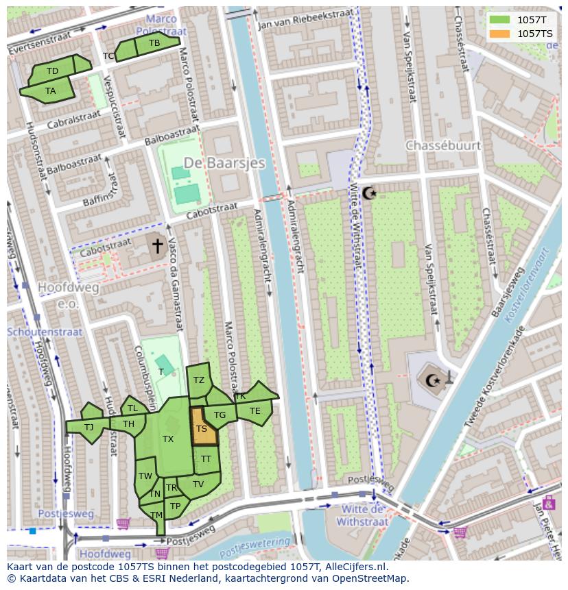 Afbeelding van het postcodegebied 1057 TS op de kaart.
