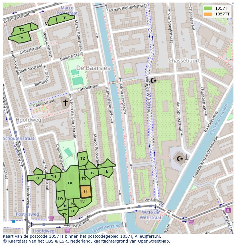 Afbeelding van het postcodegebied 1057 TT op de kaart.