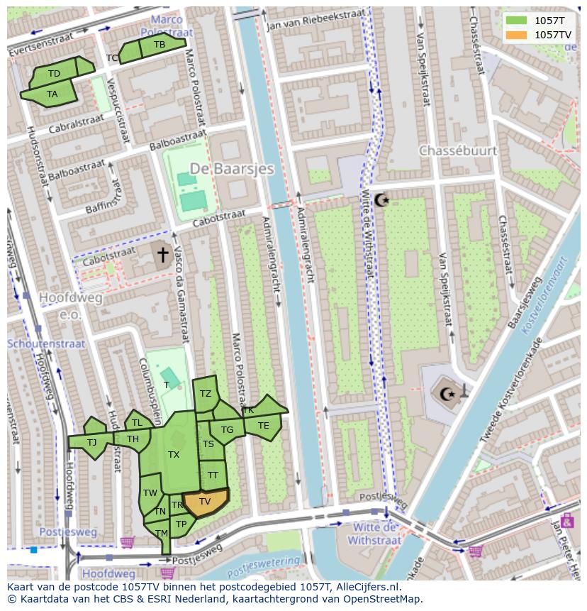 Afbeelding van het postcodegebied 1057 TV op de kaart.