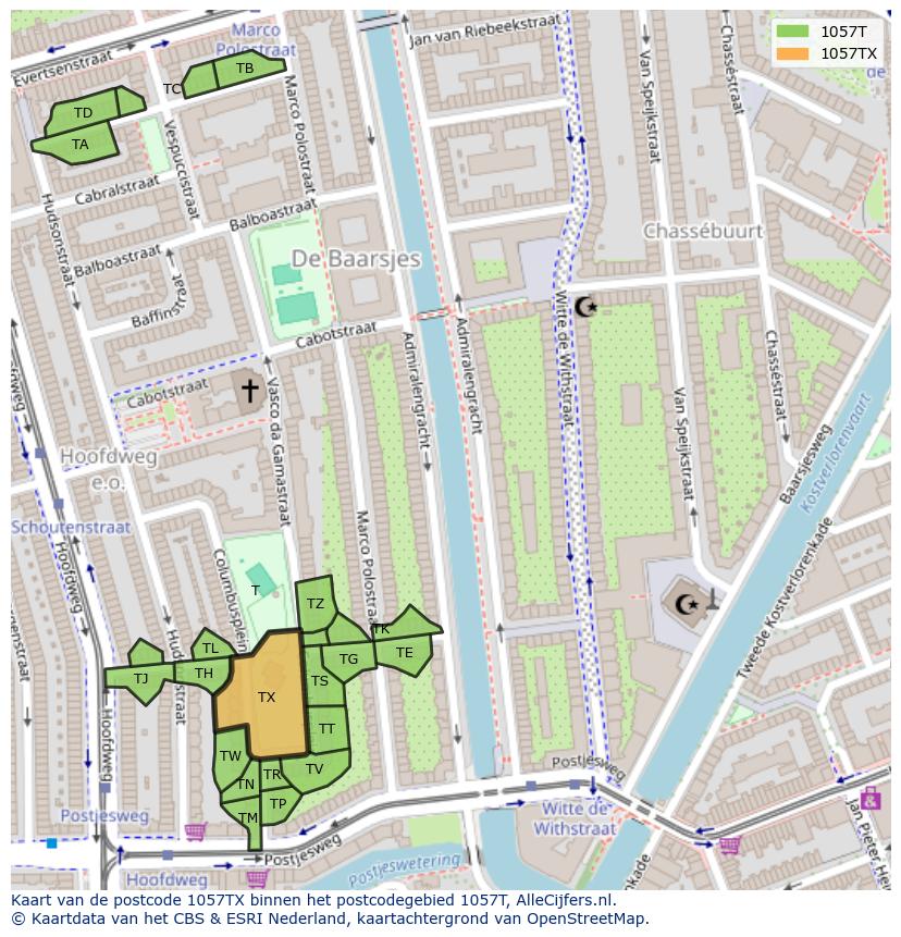 Afbeelding van het postcodegebied 1057 TX op de kaart.