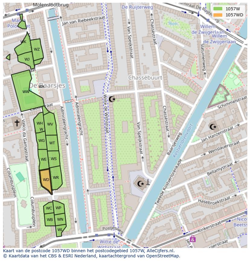 Afbeelding van het postcodegebied 1057 WD op de kaart.