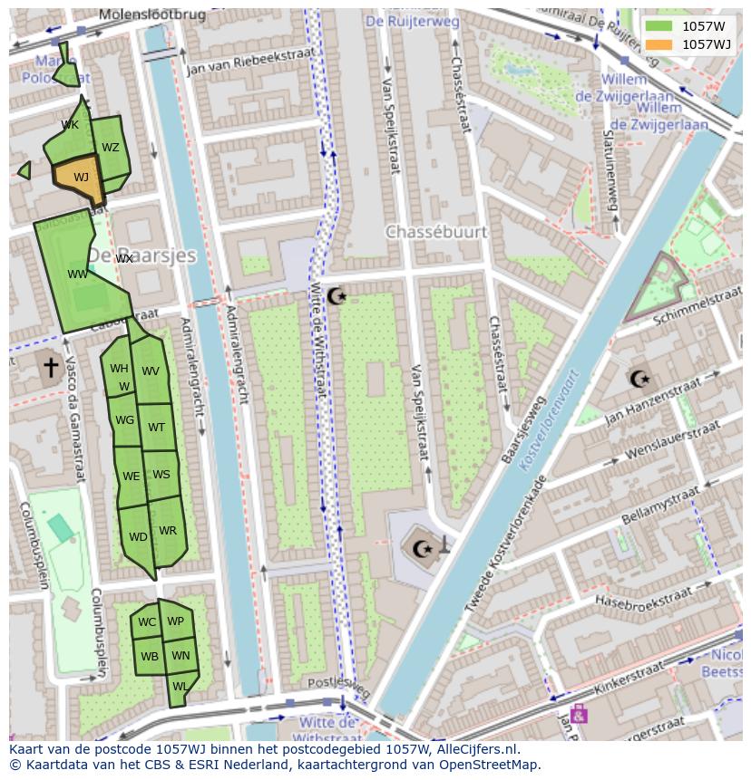 Afbeelding van het postcodegebied 1057 WJ op de kaart.