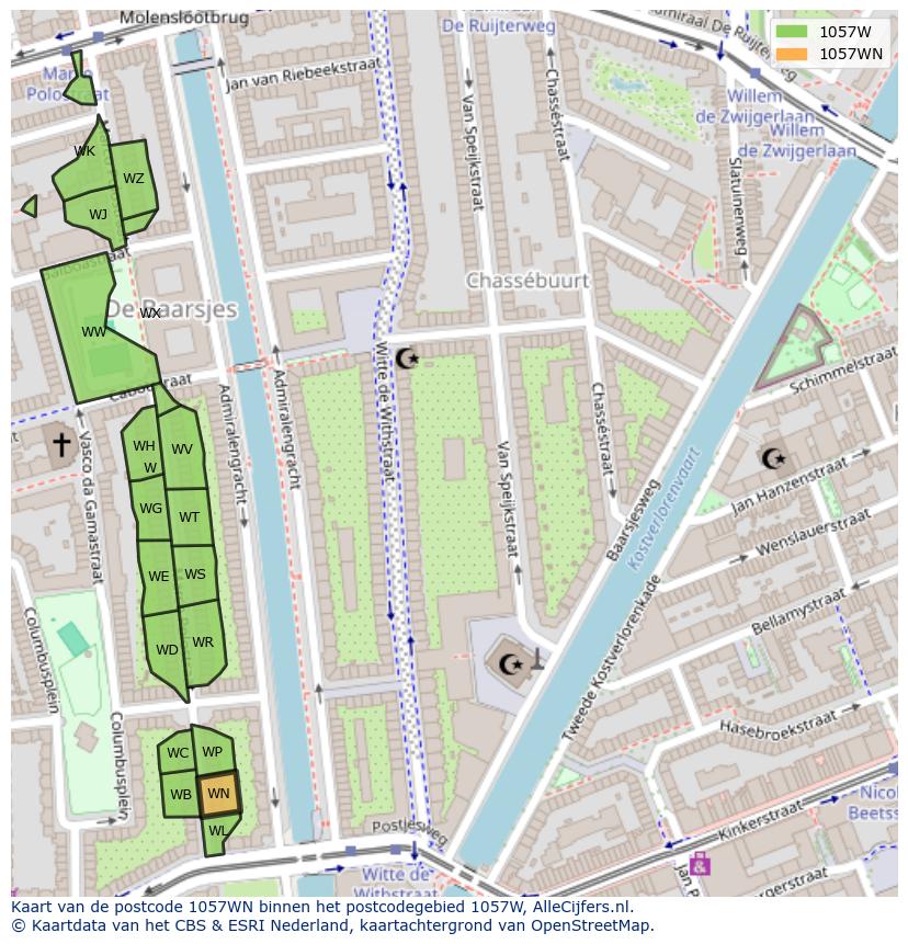 Afbeelding van het postcodegebied 1057 WN op de kaart.