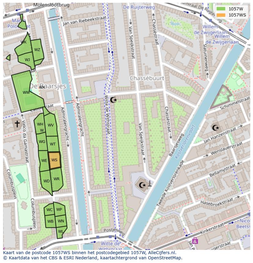 Afbeelding van het postcodegebied 1057 WS op de kaart.